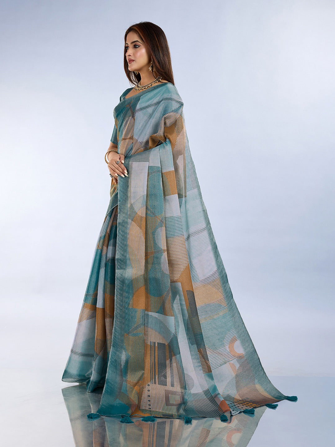 Teal Geometric Printed Erode Anmol Silk Saree with Tassel Pallu