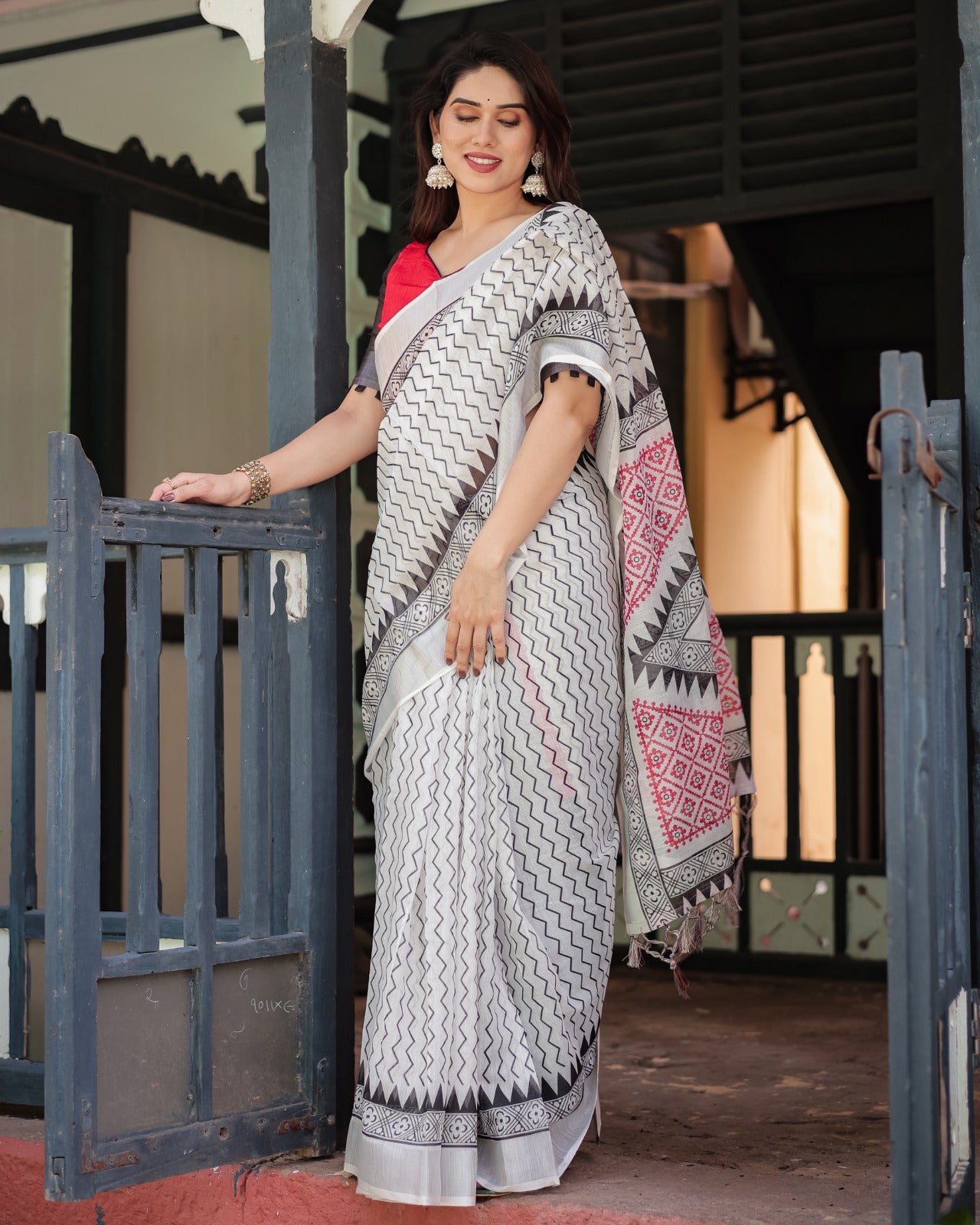 Off-White Linen Cotton Saree with Black Zigzag & Red Geometric Print, Silver Zari Border & Designer Blouse Piece