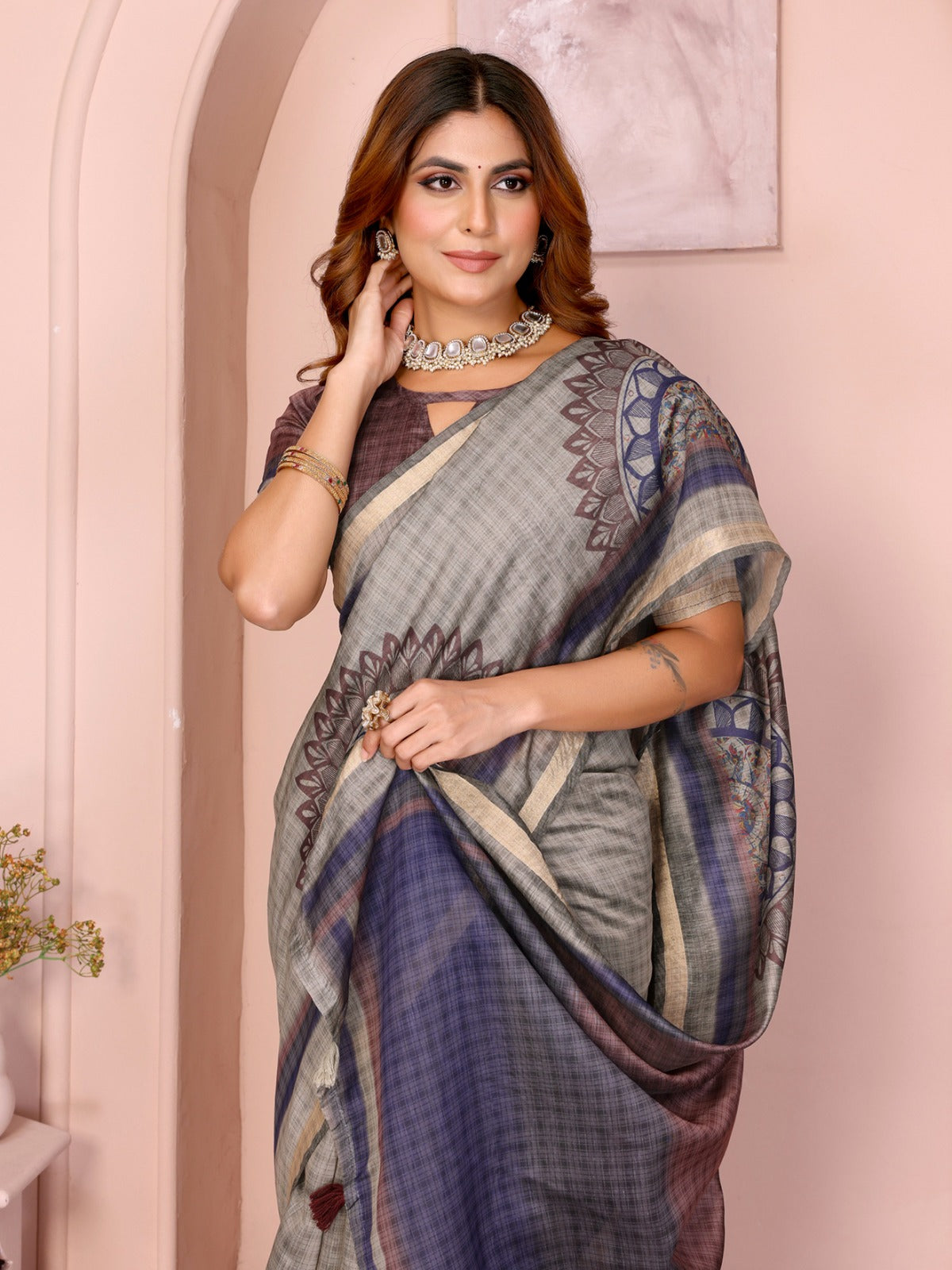 Grey Checked Black Chanderi Saree with Mandala Motifs, Golden Border & Designer Blouse Piece