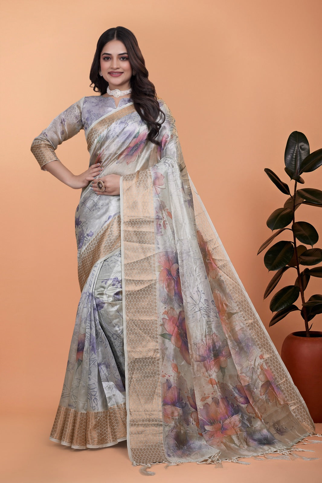 Elegant Beige Soft Silk Saree with Multicolor Floral Print & Golden Zari Border