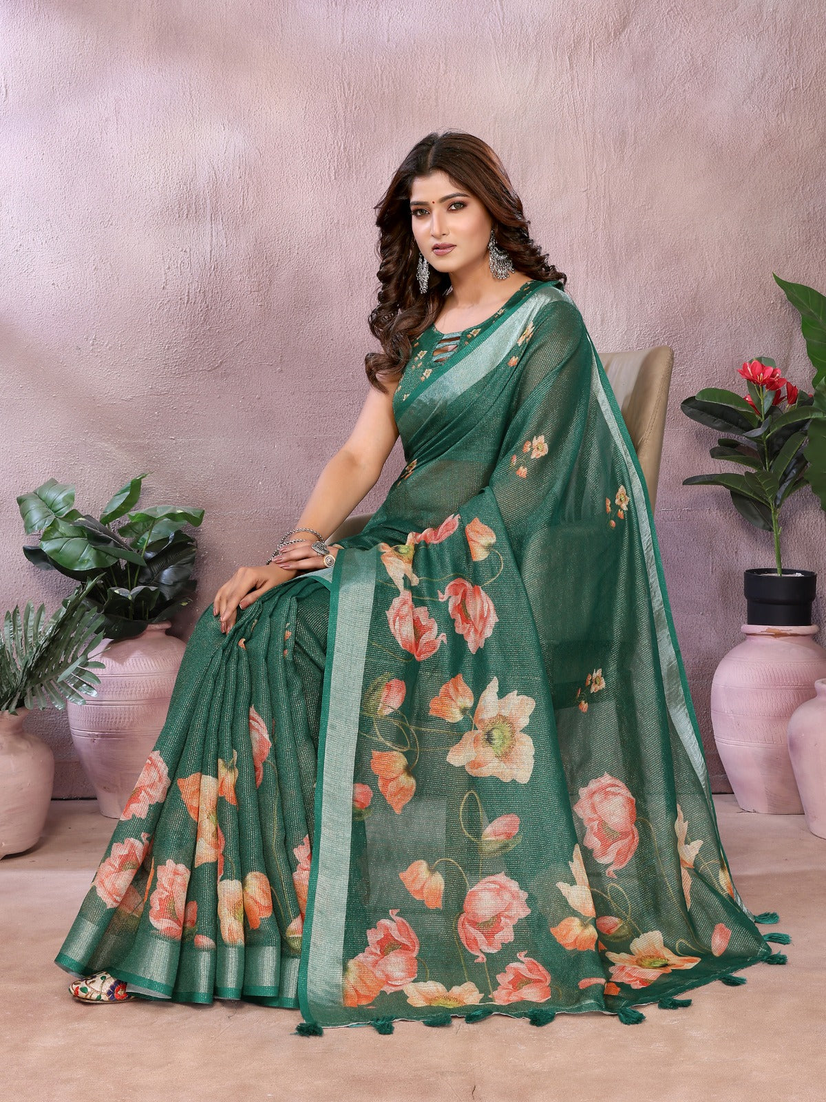 Green Floral Linen Shimmer Saree with Pastel Prints