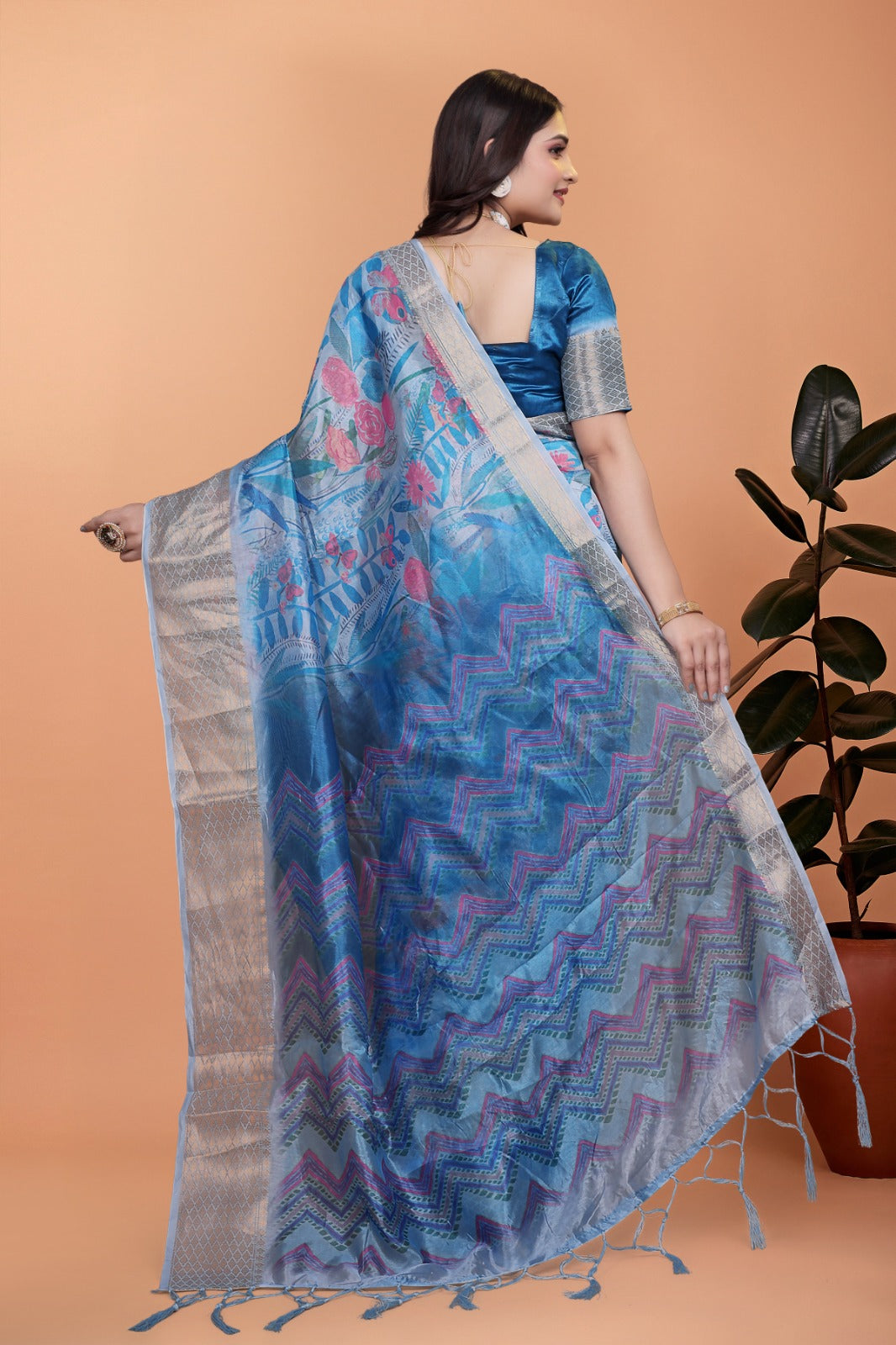 Sky Blue Floral Printed Soft Silk Saree with Zari Border and Chevron Pallu
