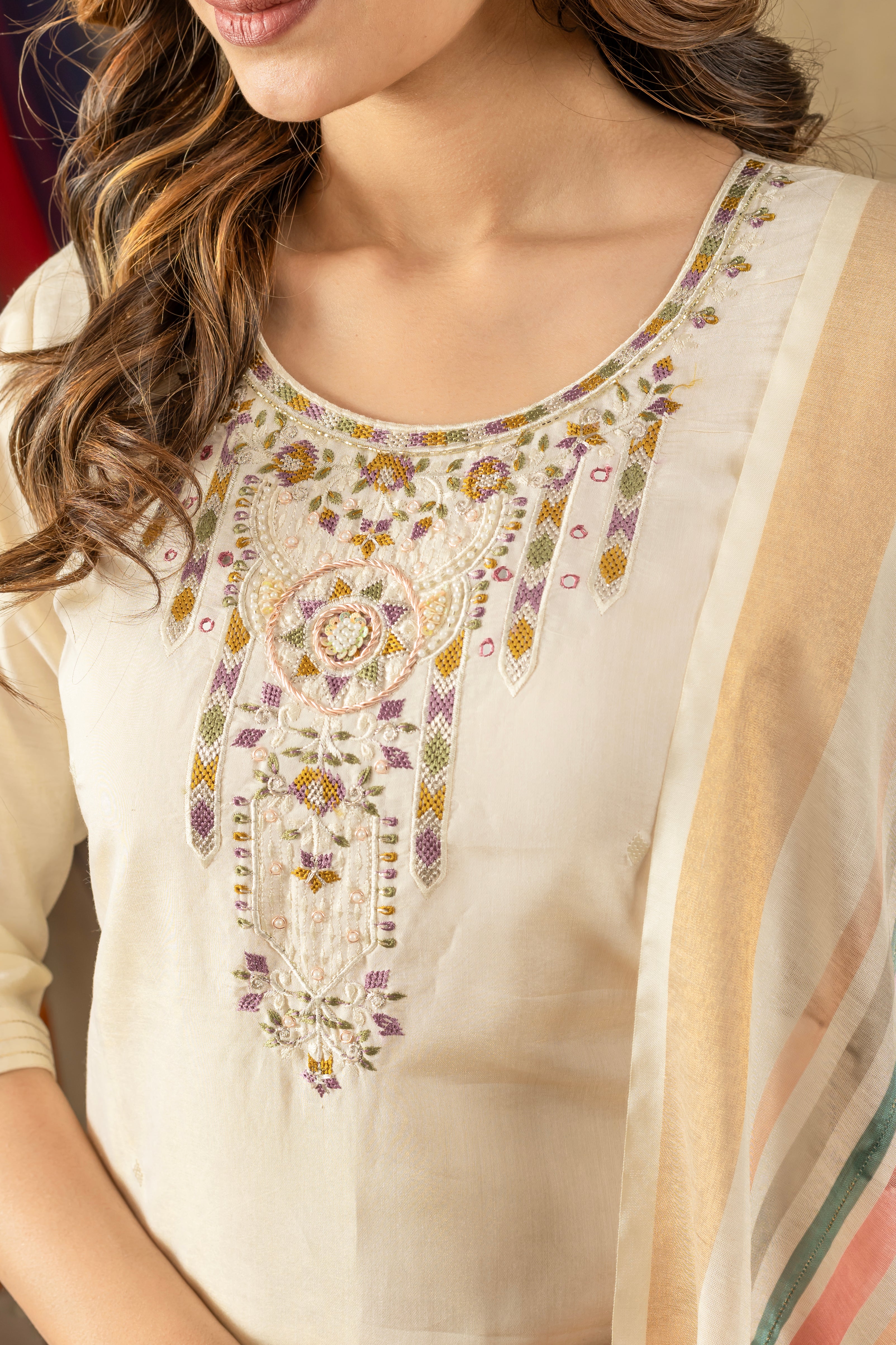 Shimmer Gold Silk Embroidered Kurti Pant Dupatta Set – 3 Piece Ethnic Suit
