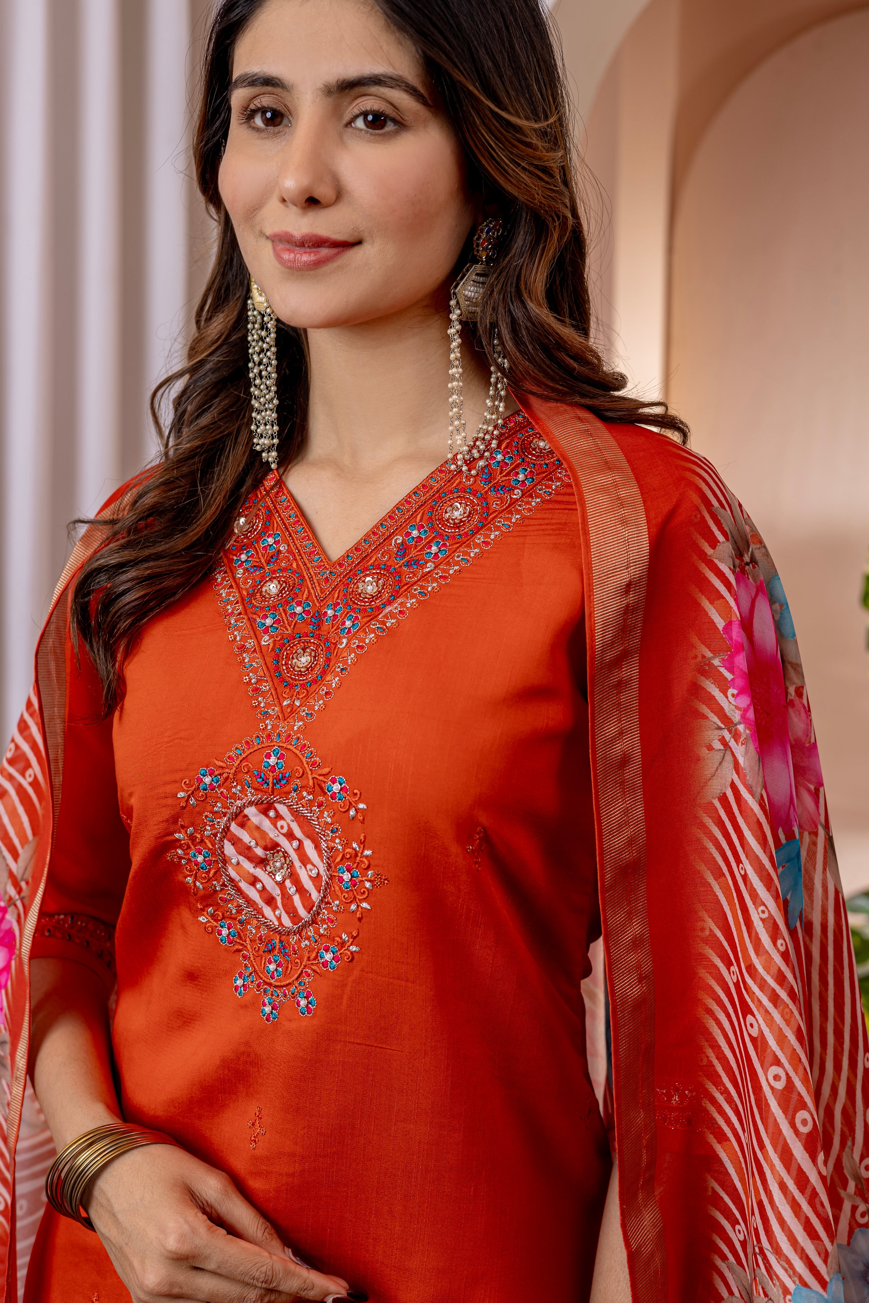 Embroidered Straight Kurti Pant Dupatta Set in Marina Viscose Silk – 3 Piece Ethnic Suit