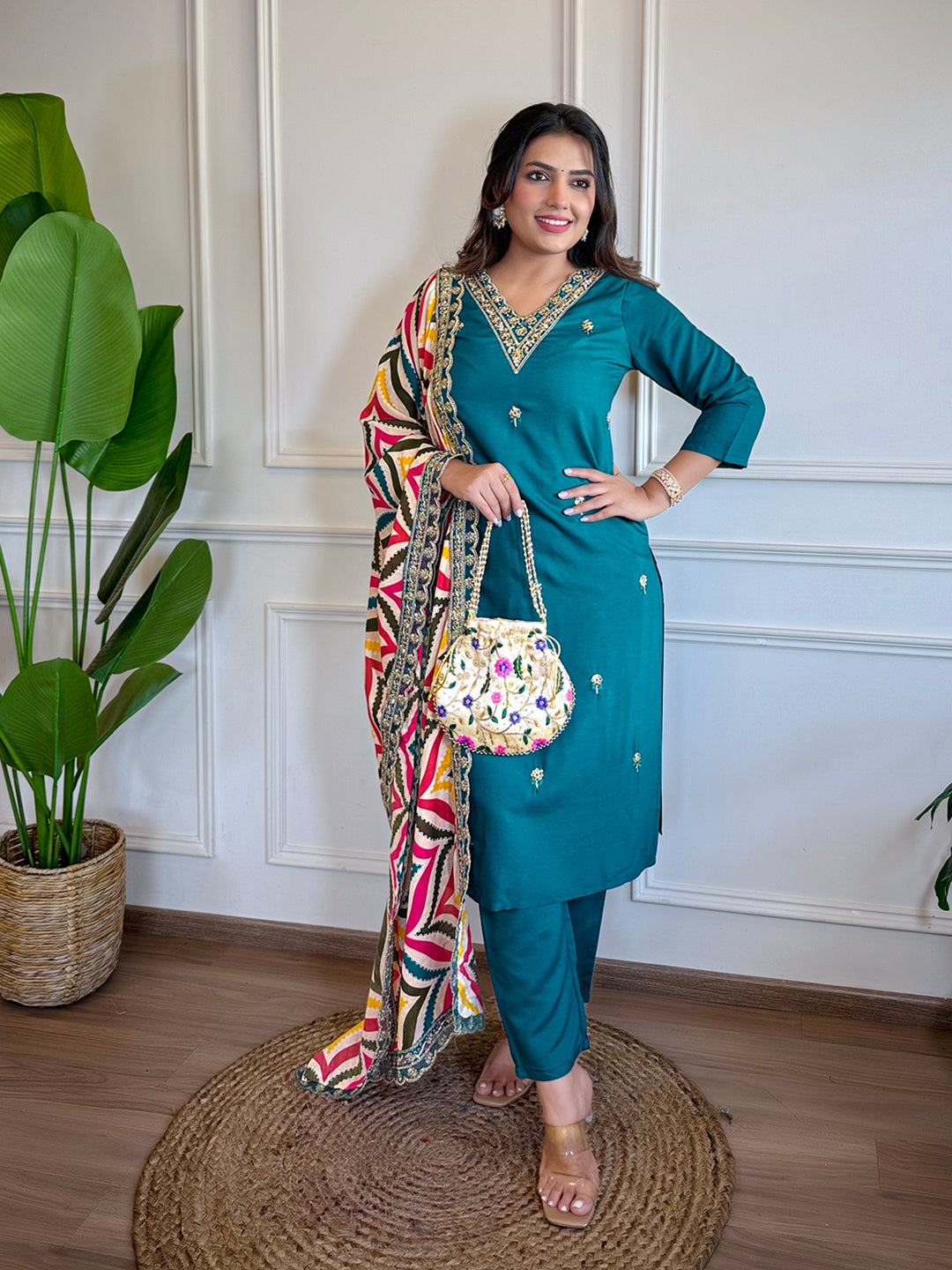 Women's Rani Viscose Embroidered Straight Kurta Set