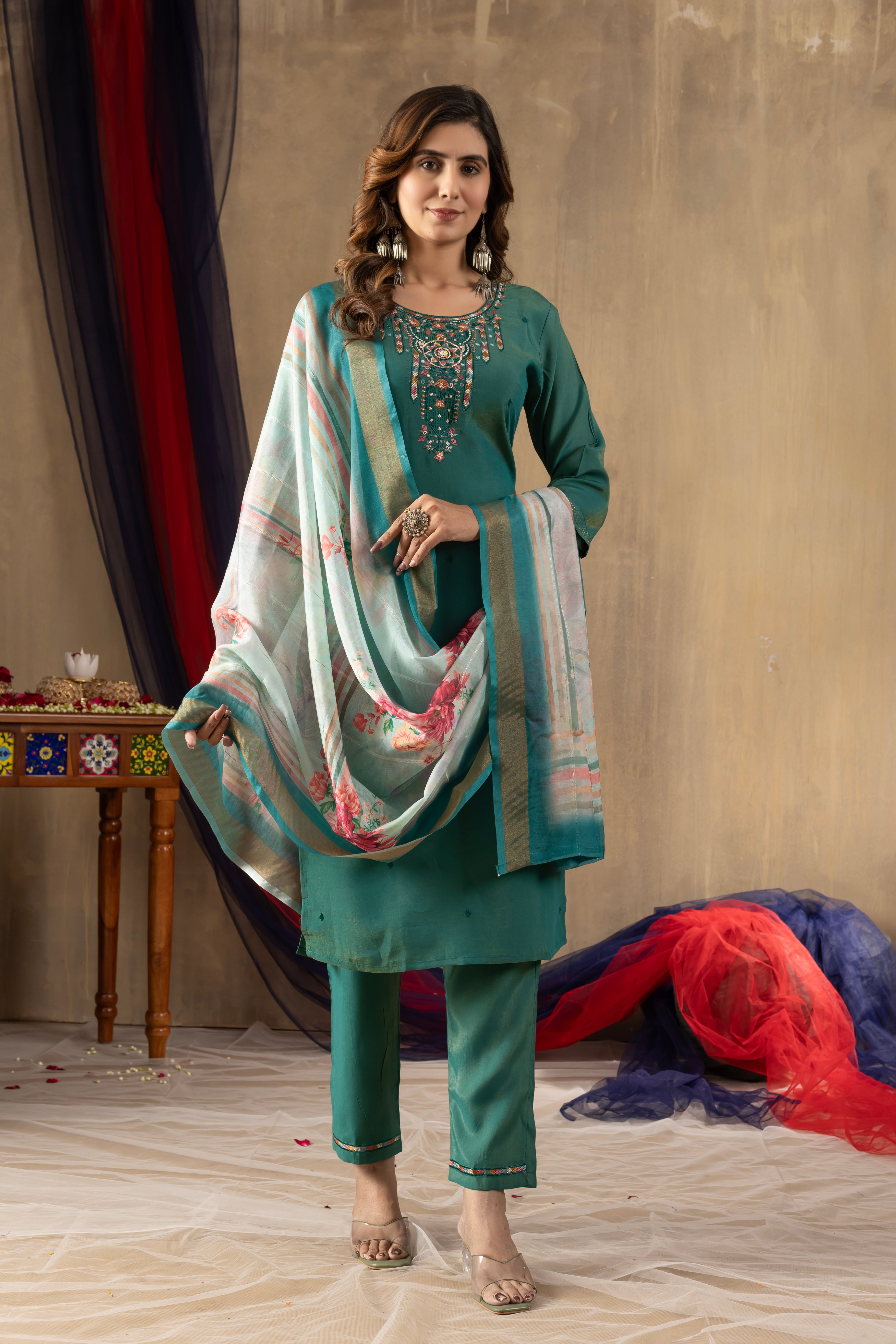 Shimmer Gold Silk Embroidered Kurti Pant Dupatta Set – 3 Piece Ethnic Suit