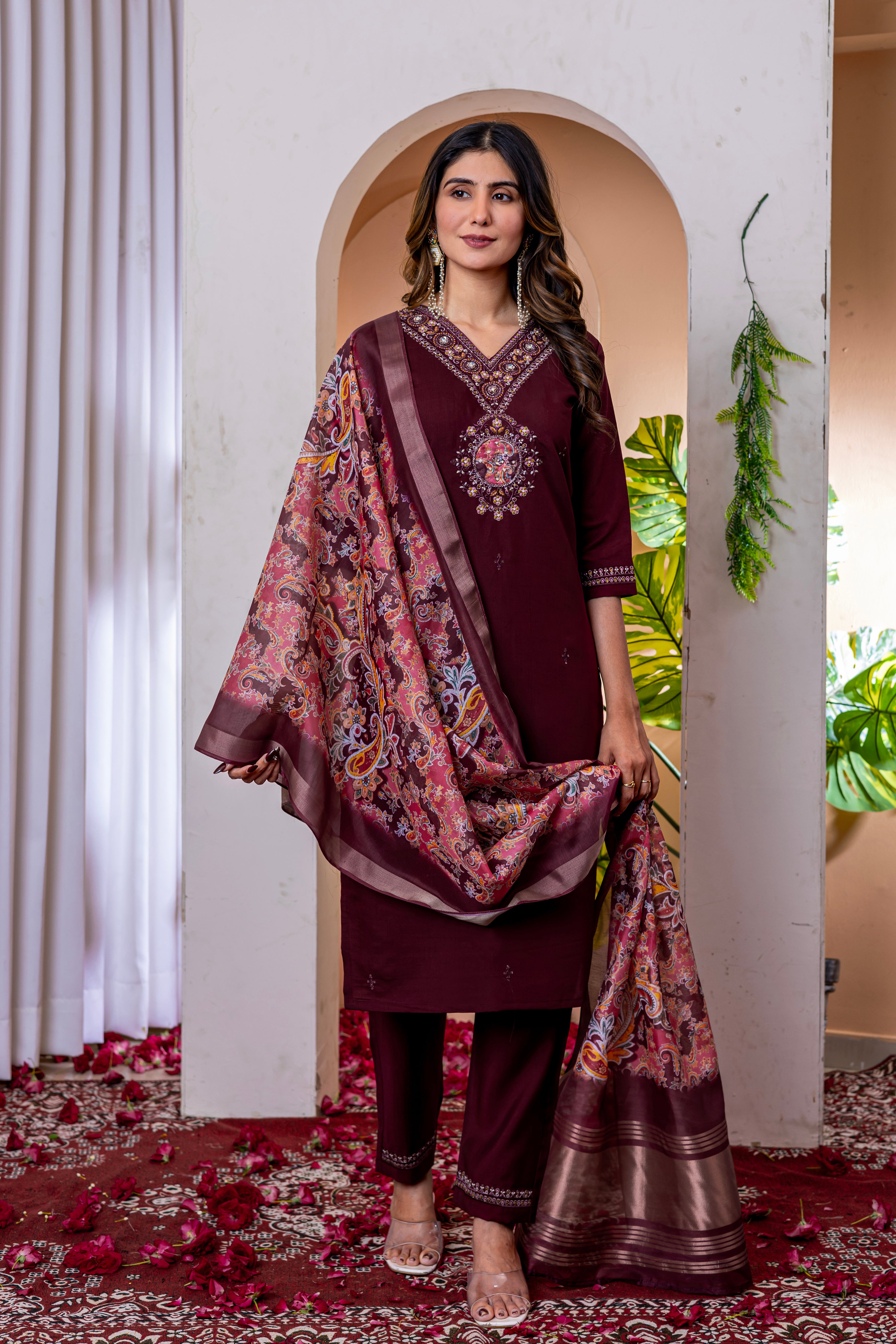 Embroidered Straight Kurti Pant Dupatta Set in Marina Viscose Silk – 3 Piece Ethnic Suit