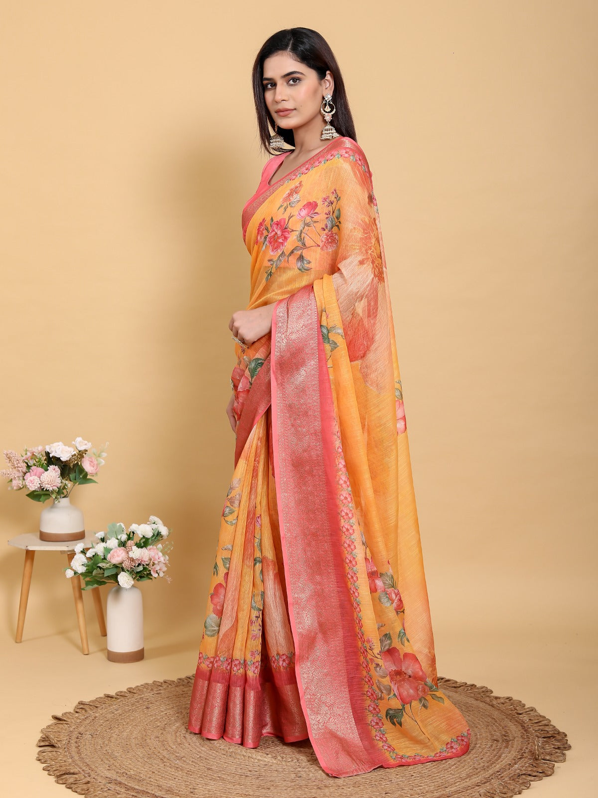 Vibrant Sunshine Yellow Floral Print Jacquard Patta Linen Cotton Saree with Rani Pink Border & Designer Blouse Piece