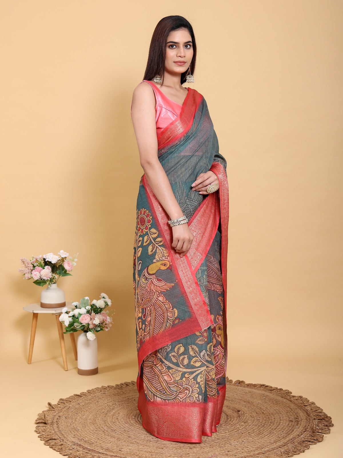 Elegant Peacock & Floral Kalamkari Design Linen Cotton Saree with Jacquard Border