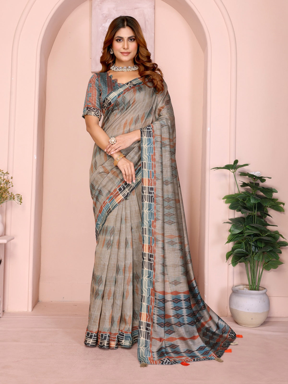 Grey & Rust Patterned Black Chanderi Saree with Geometric Pallu and Tassels