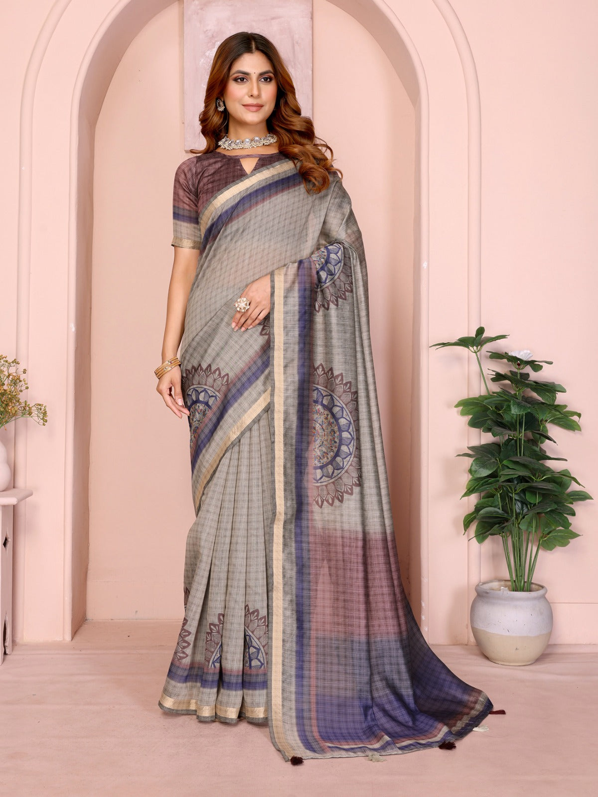 Grey Checked Black Chanderi Saree with Mandala Motifs, Golden Border & Designer Blouse Piece