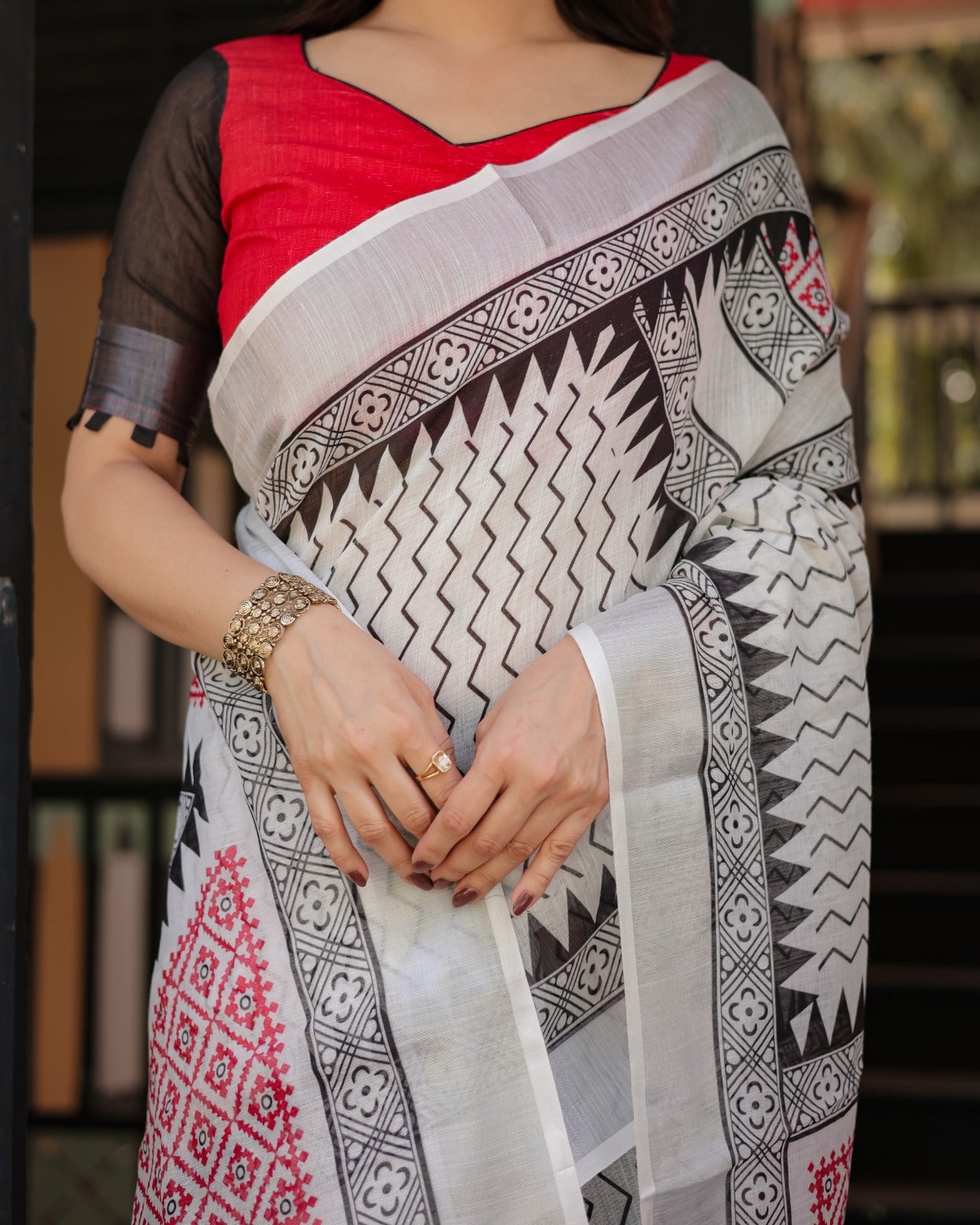 Off-White Linen Cotton Saree with Black Zigzag & Red Geometric Print, Silver Zari Border & Designer Blouse Piece