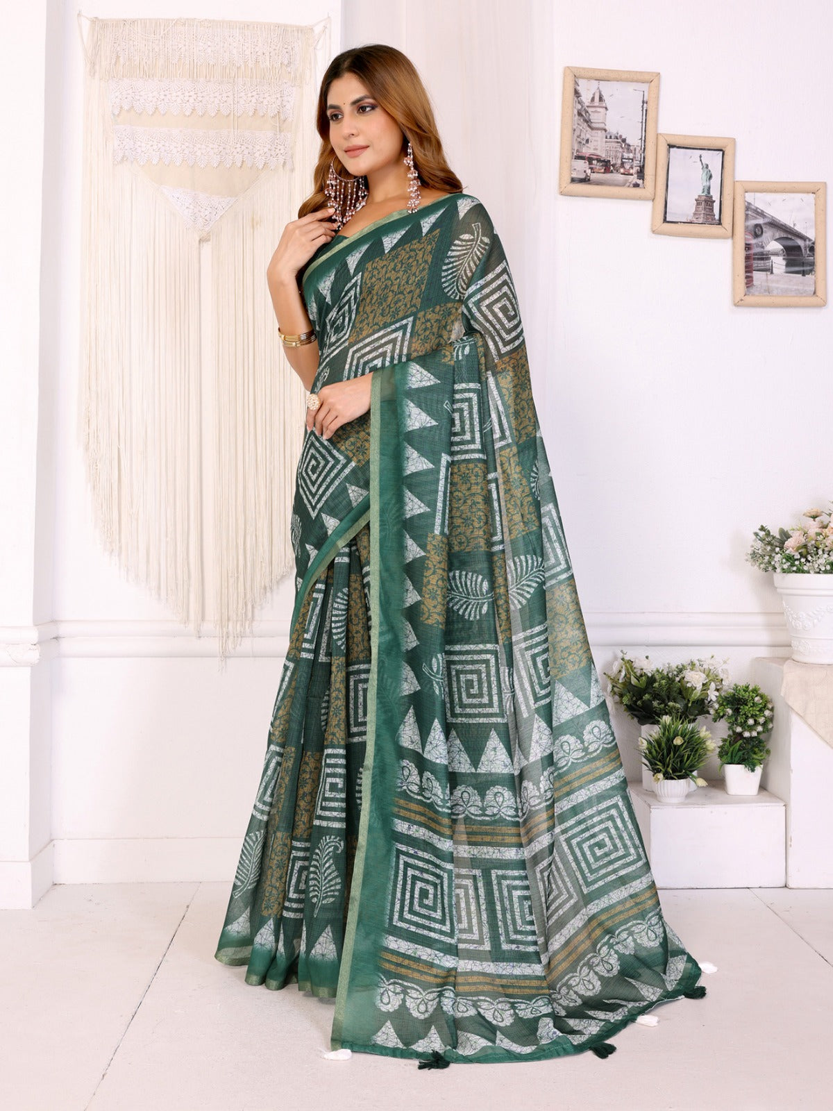 Bottle Green Chanderi Saree with White & Mustard Geometric Digital Print & Designer Blouse Piece