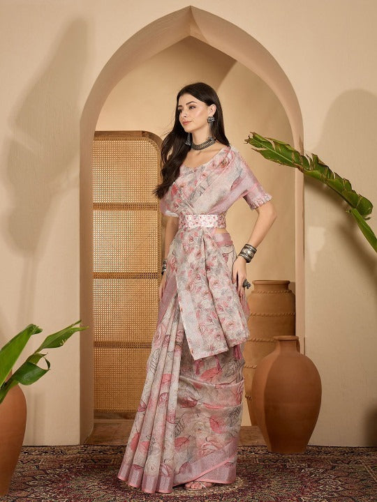 Off-White Pastel Pink & Grey Floral Digital Print Linen Cotton Saree