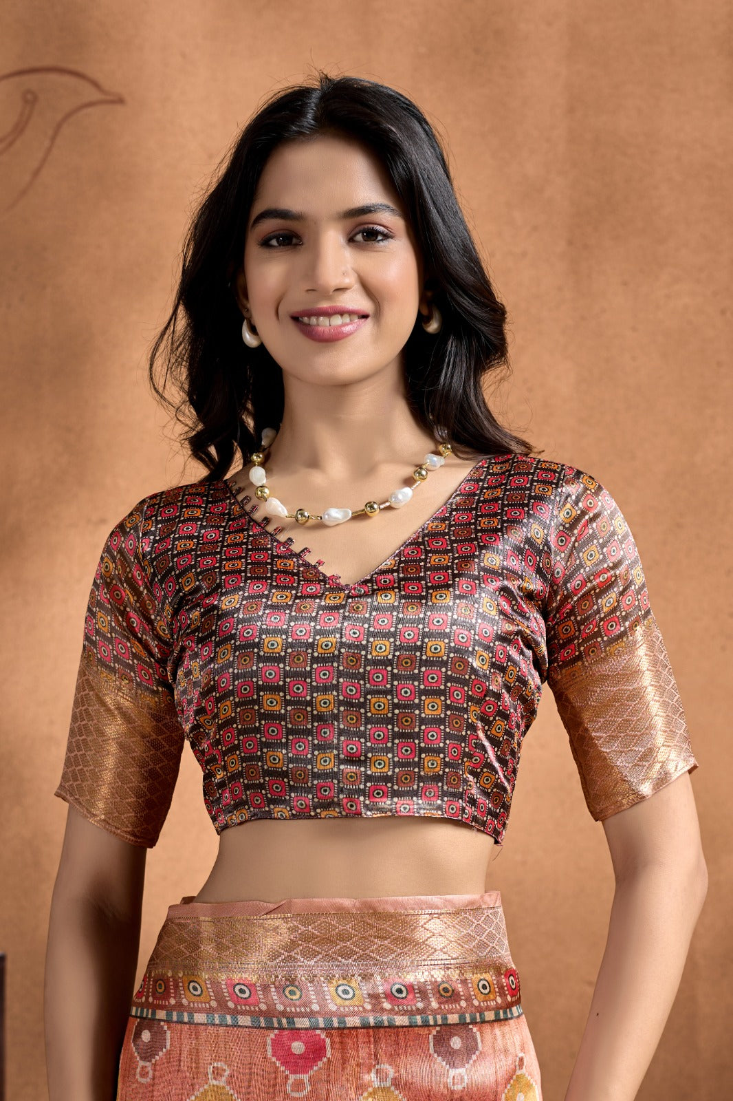 Copper-Rose Soft Silk Saree with Patola-Inspired Geometric Pallu & Antique Gold Zari Border