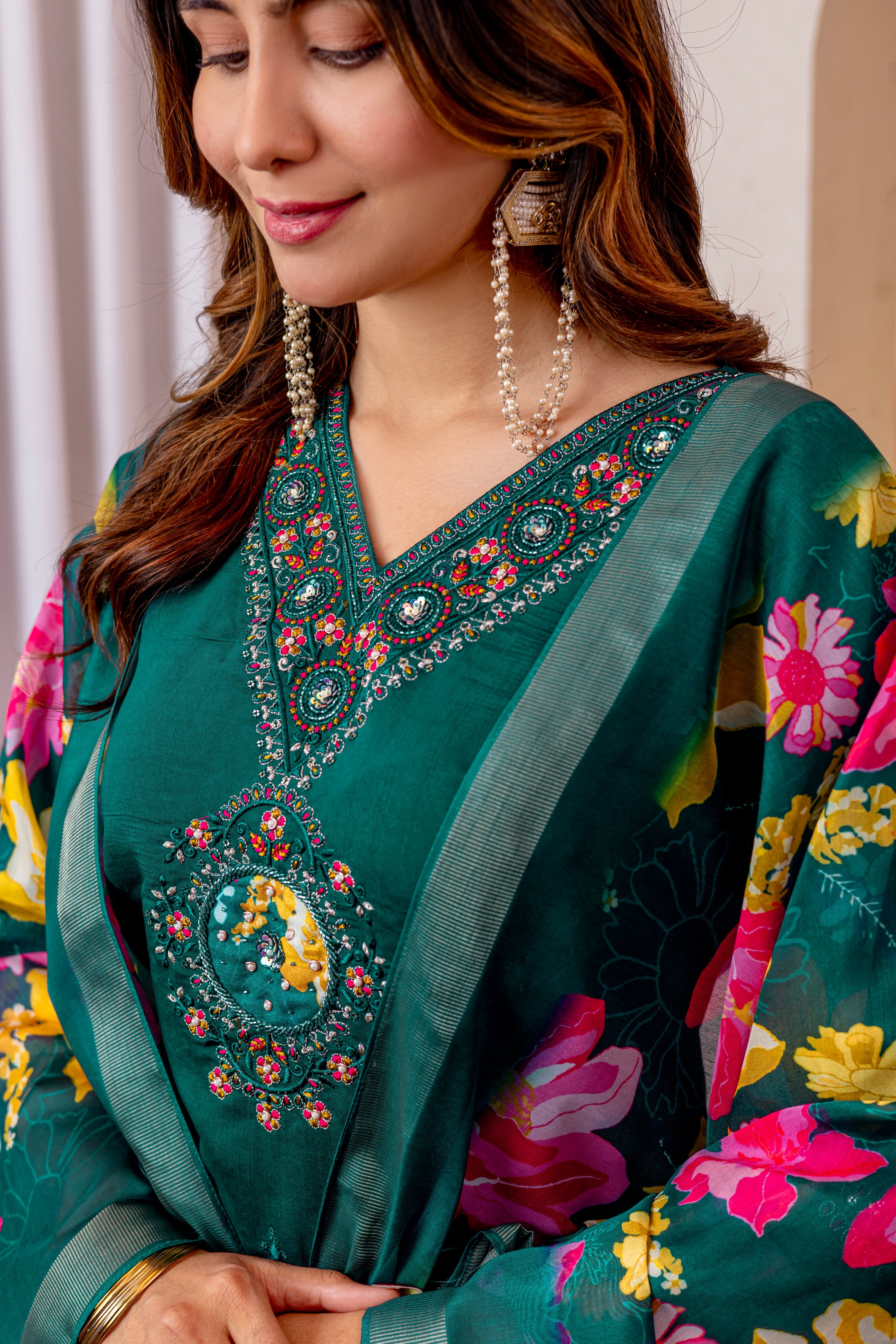 Embroidered Straight Kurti Pant Dupatta Set in Marina Viscose Silk – 3 Piece Ethnic Suit
