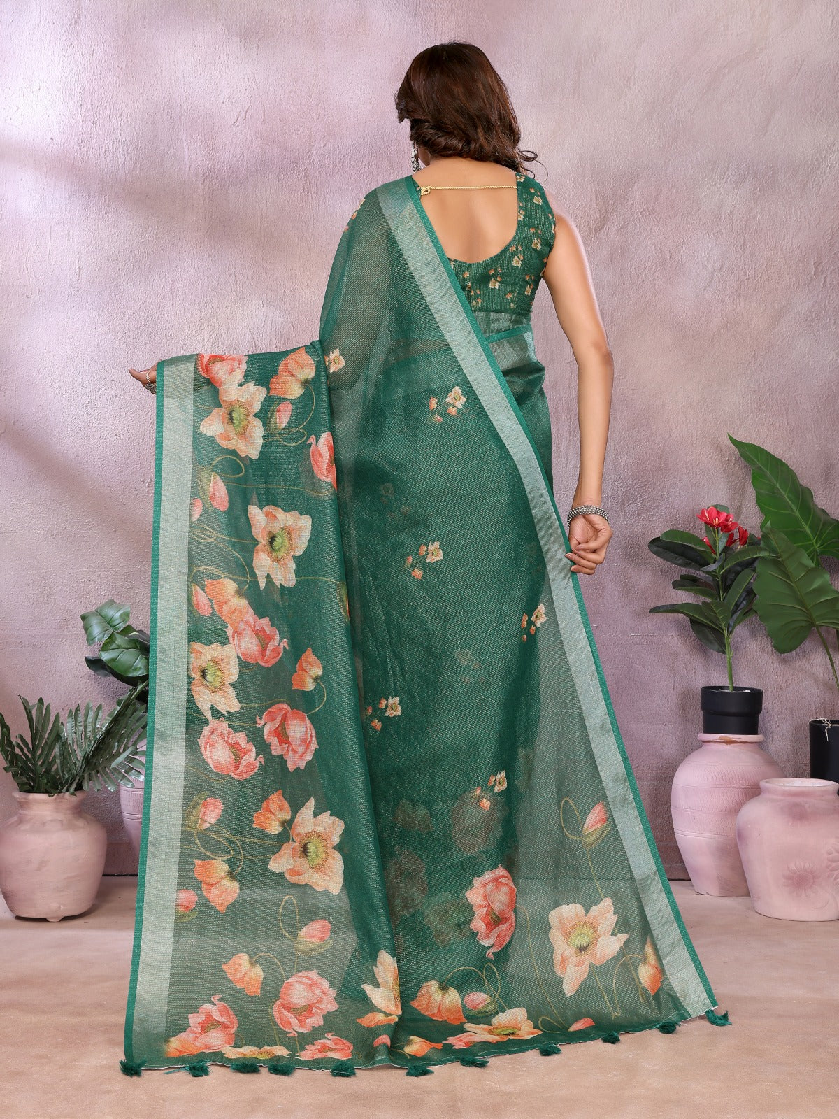 Green Floral Linen Shimmer Saree with Pastel Prints