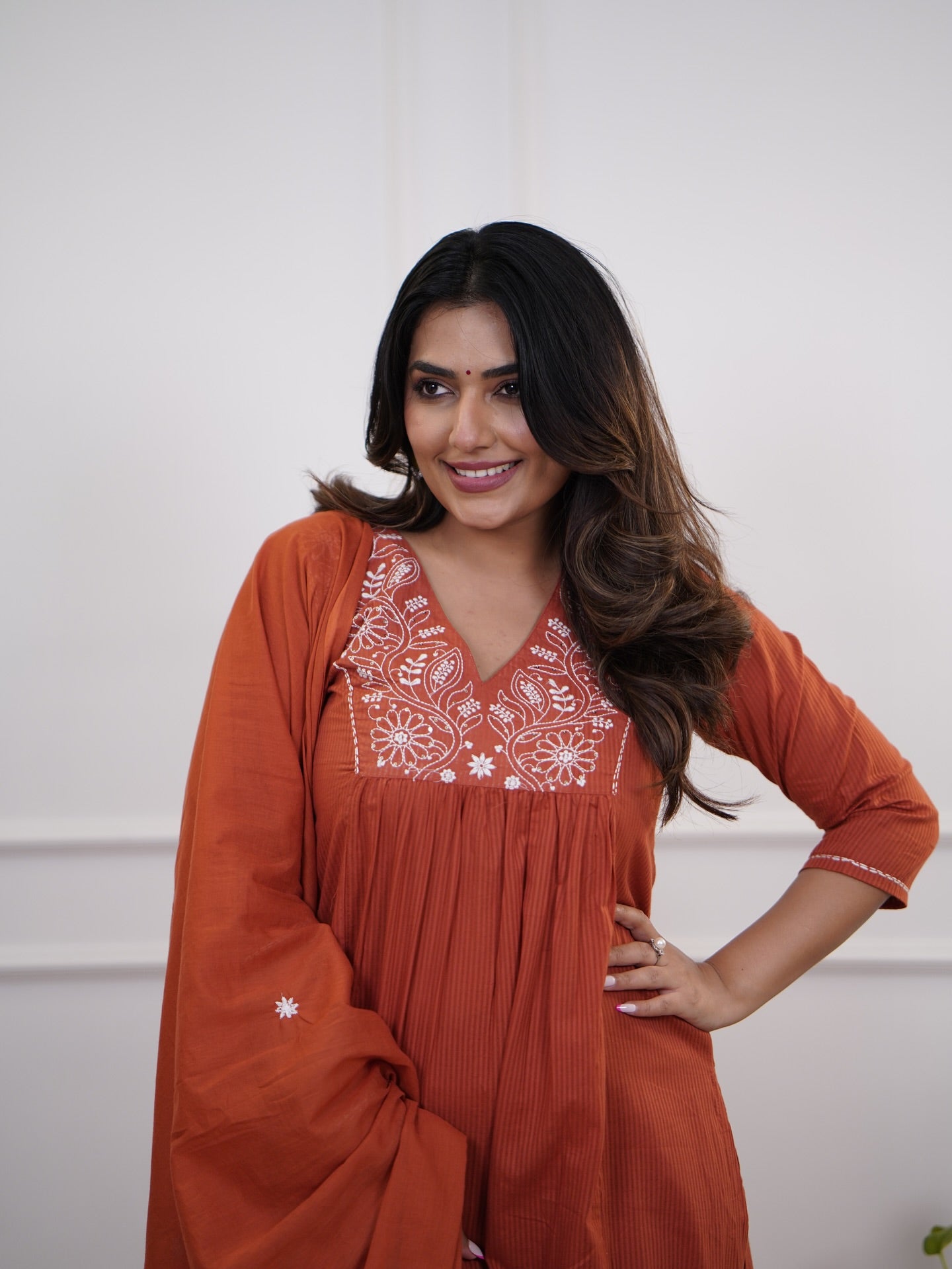 Viscose Blend Embroidered Kurta with Pant & Cotton Dupatta Set