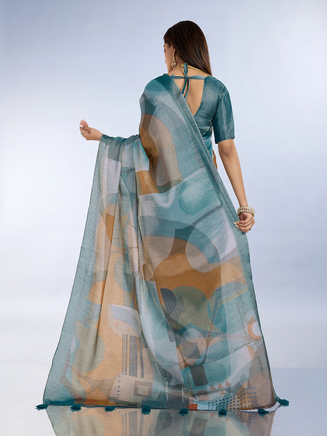 Teal Geometric Printed Erode Anmol Silk Saree with Tassel Pallu