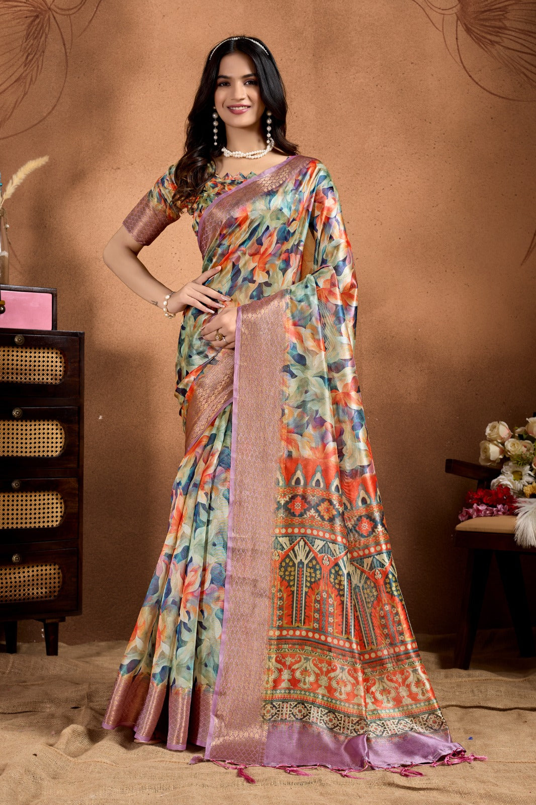 Multicolor Soft Silk Saree with Ethnic Motif Pallu and Lavender Zari Border