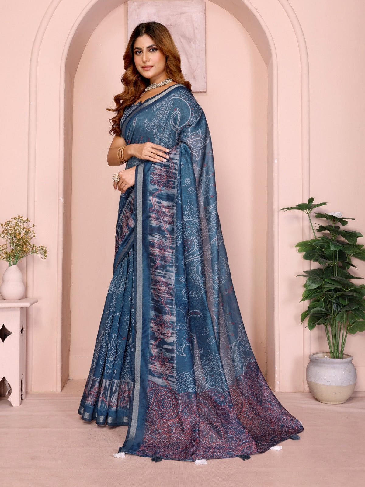 Blue Printed Black Chanderi Saree with Ethnic Digital Motifs, Contrast Pallu & Tassels