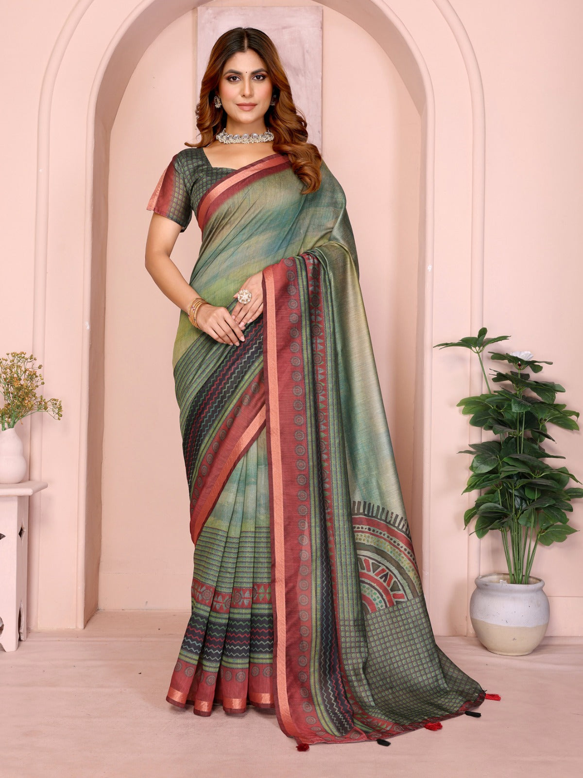 Green & Maroon Black Chanderi Saree with Tribal & Geometric Prints, Maroon Border & Designer Blouse Piece