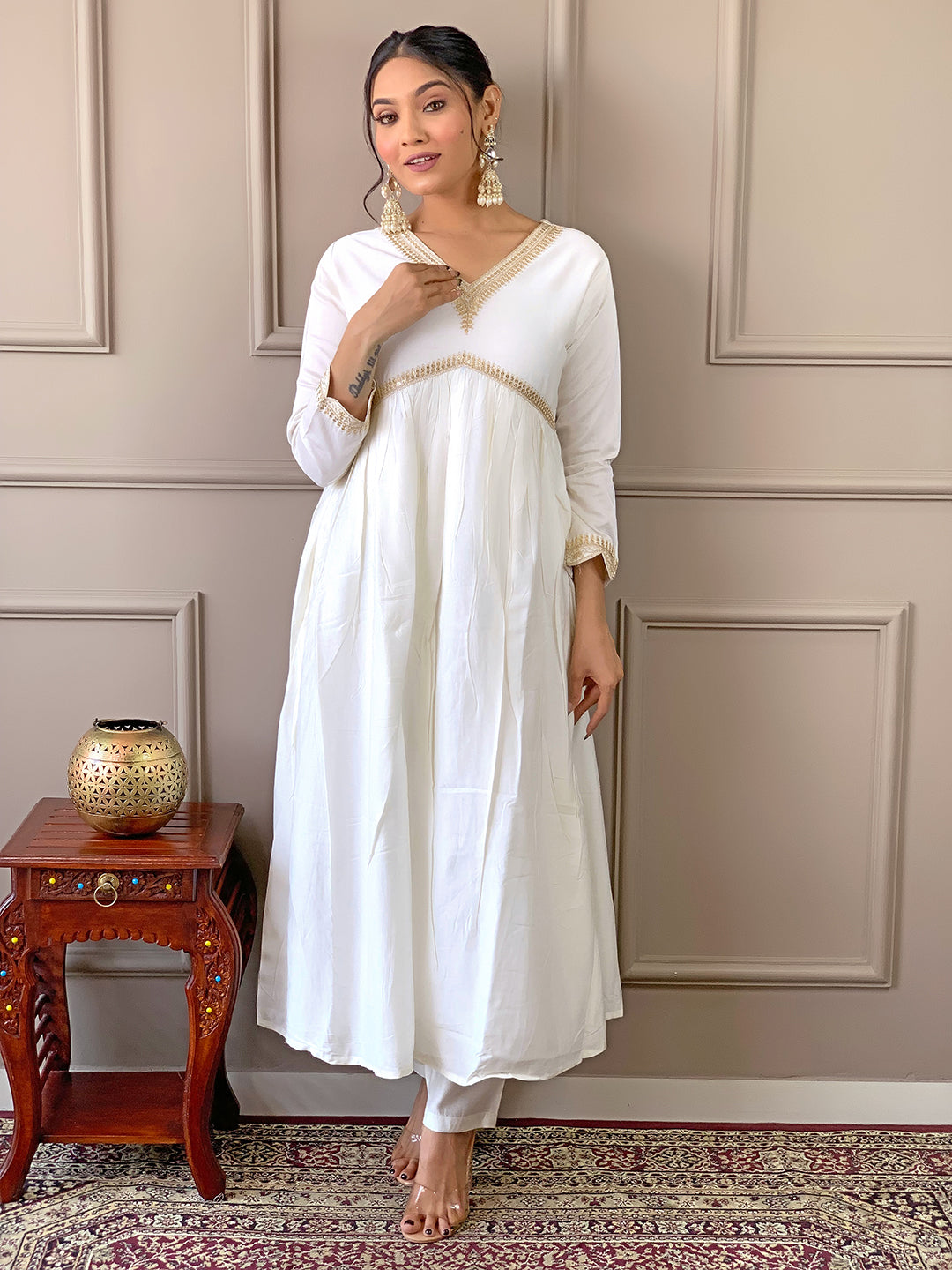 Women’s Chanderi Embroidered Flared Kurta Set