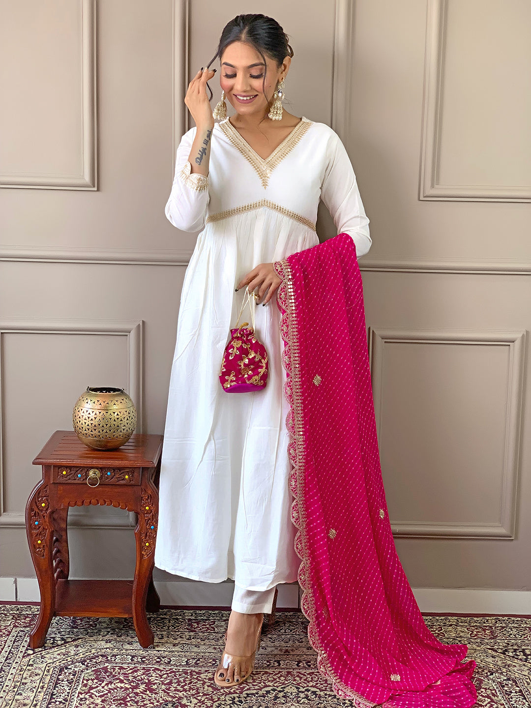 Women’s Chanderi Embroidered Flared Kurta Set