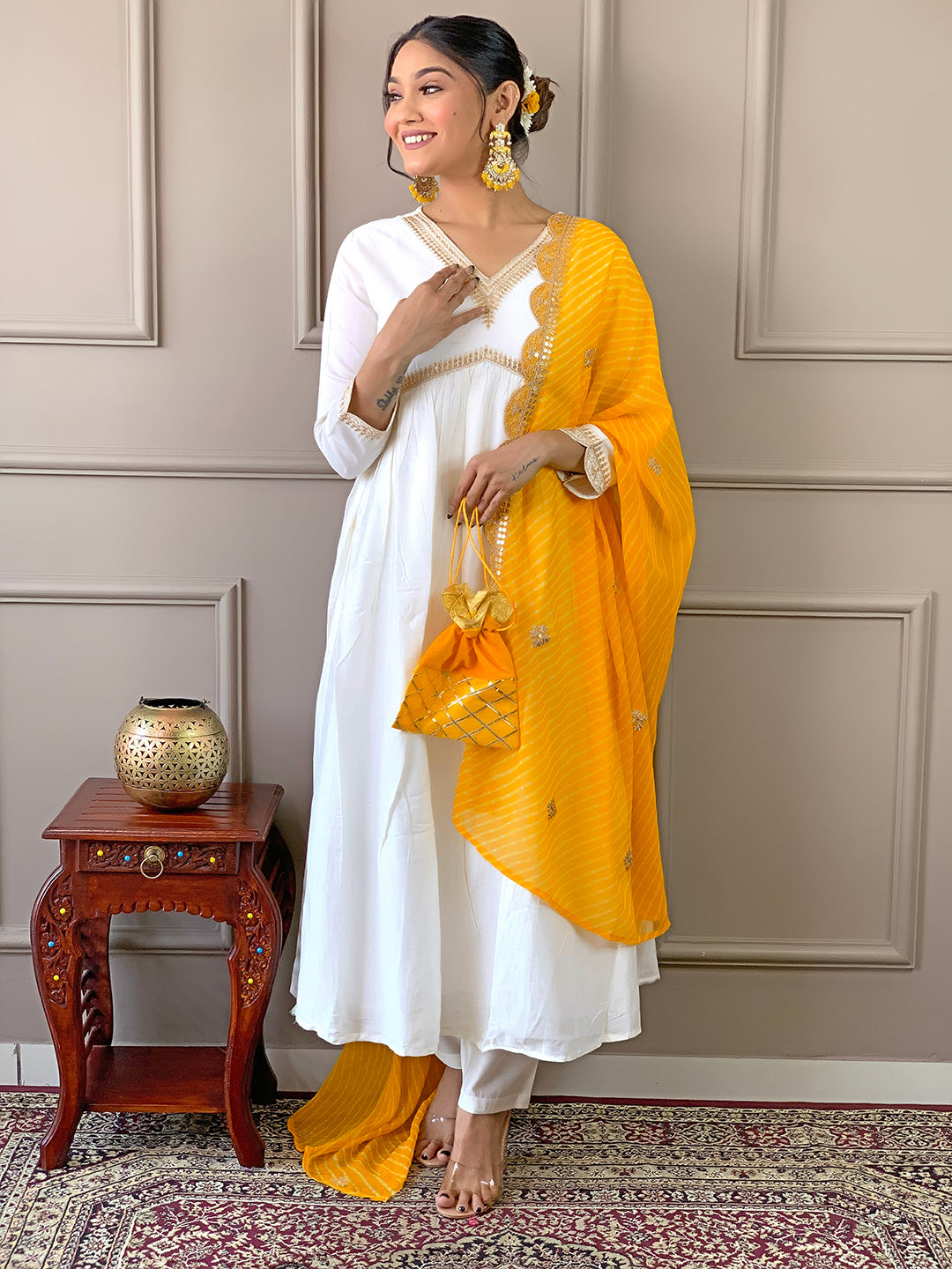 Women’s Chanderi Embroidered Flared Kurta Set