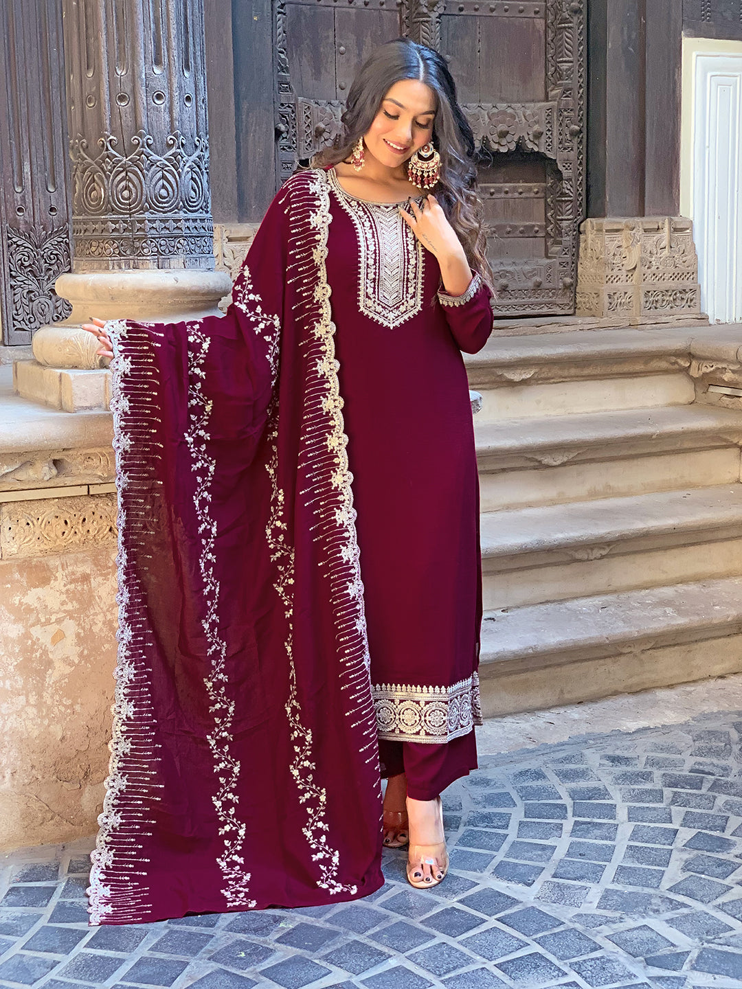 Wine Vichitra Silk Embroidered Straight Kurta Set
