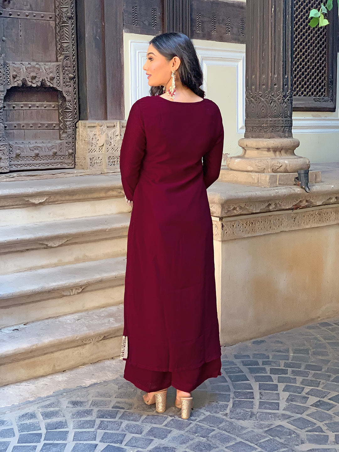 Wine Vichitra Silk Embroidered Straight Kurta Set