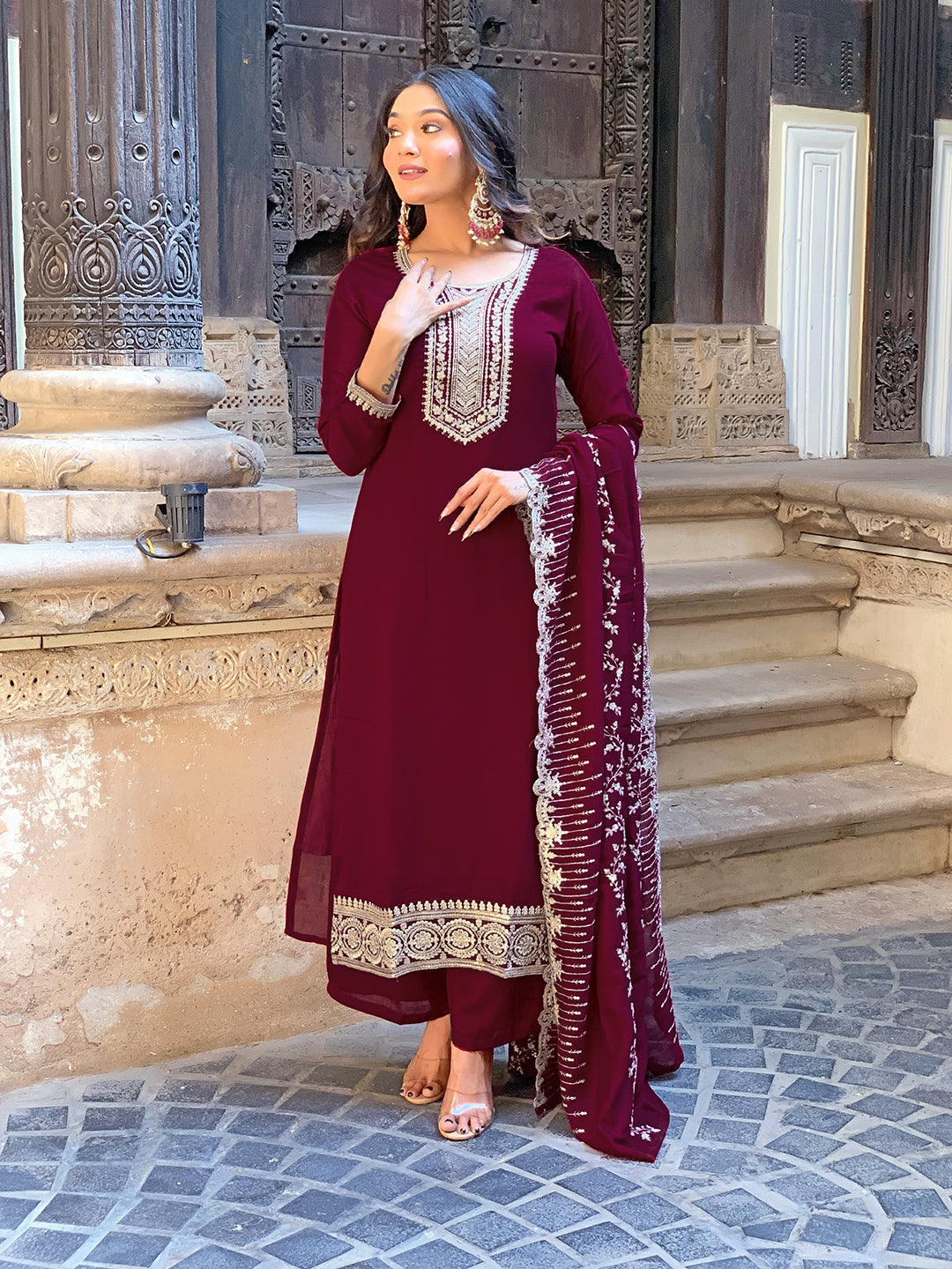 Wine Vichitra Silk Embroidered Straight Kurta Set