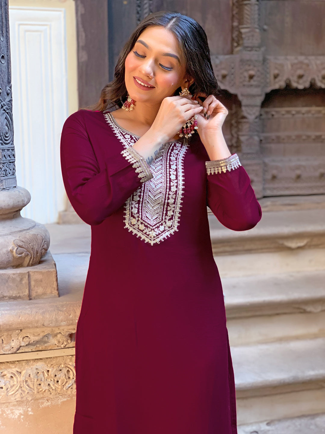 Wine Vichitra Silk Embroidered Straight Kurta Set