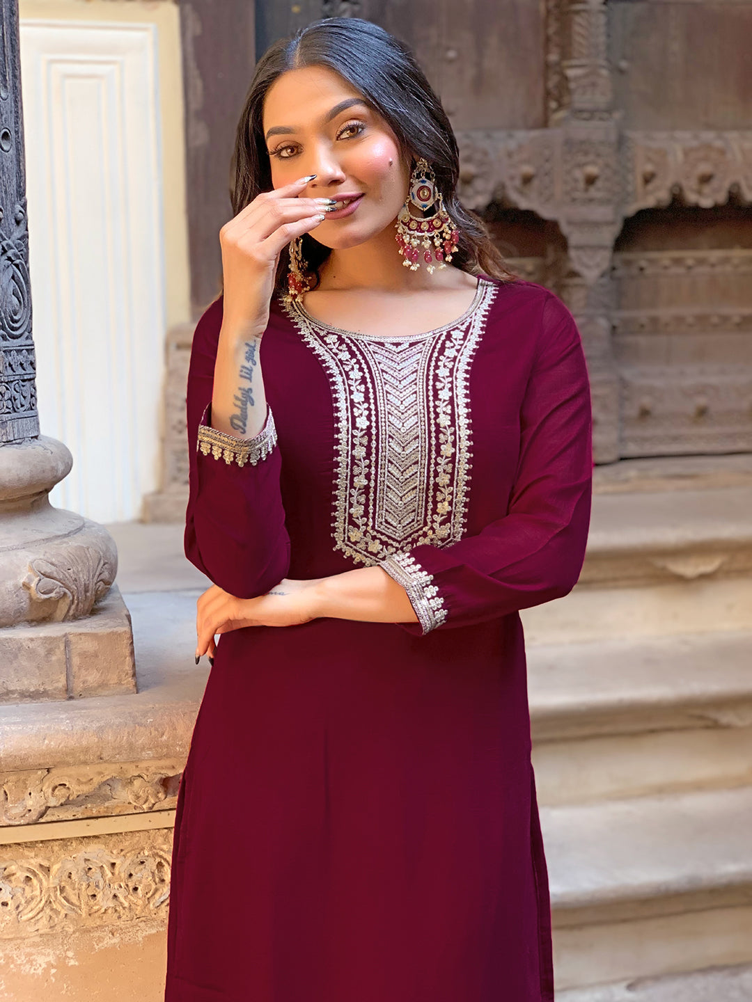 Wine Vichitra Silk Embroidered Straight Kurta Set