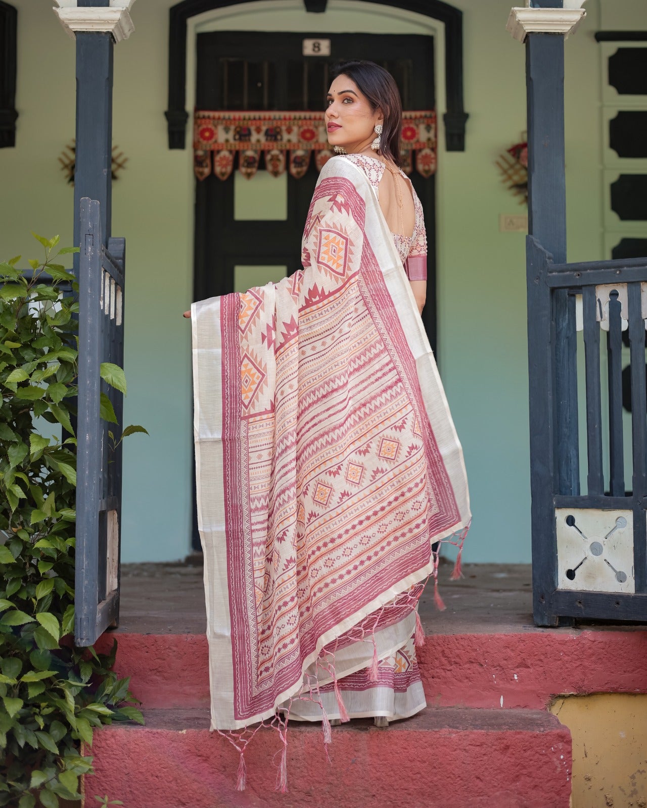 Off-White Linen Cotton Saree with Maroon Ikat Geometric Print, Silver Zari Border & Designer Blouse Piece