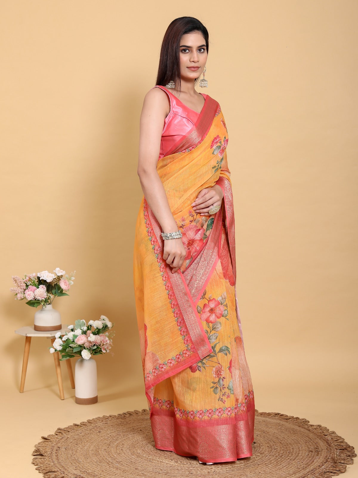 Vibrant Sunshine Yellow Floral Print Jacquard Patta Linen Cotton Saree with Rani Pink Border & Designer Blouse Piece