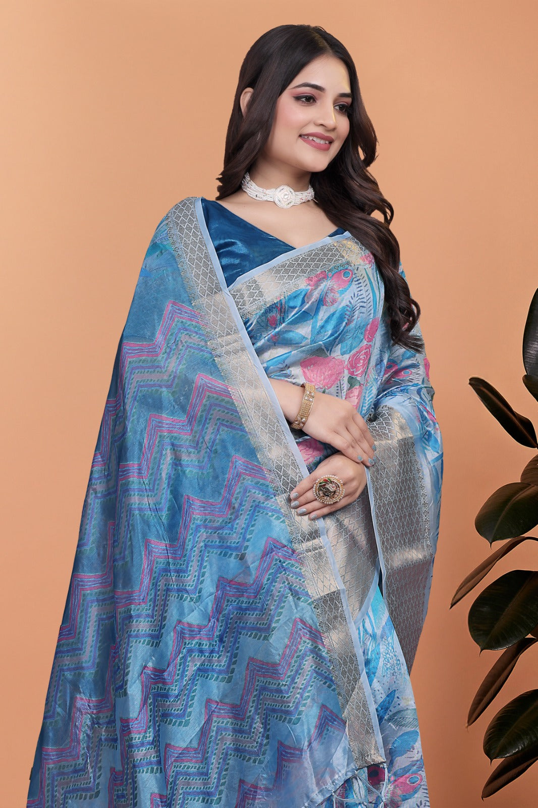 Sky Blue Floral Printed Soft Silk Saree with Zari Border and Chevron Pallu