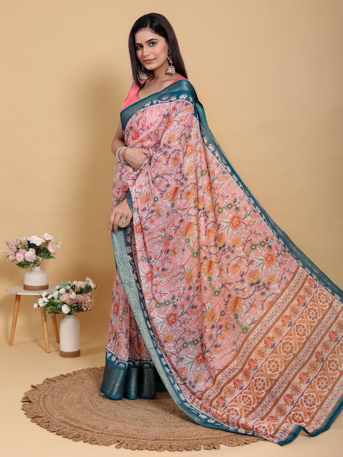 Elegant Pink Floral & Vine Print Jacquard Patta Linen Cotton Saree with Teal Blue Border & Designer Blouse Piece