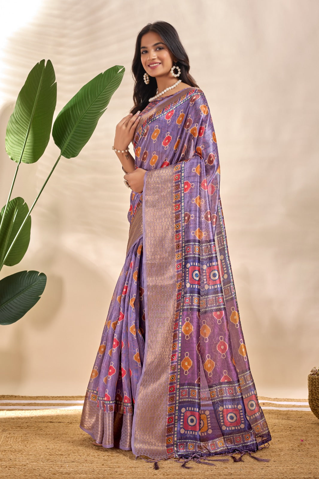 Patola-Inspired Purple Soft Silk Saree with Geometric & Floral Motifs, Golden Zari Border & Designer Blouse Piece