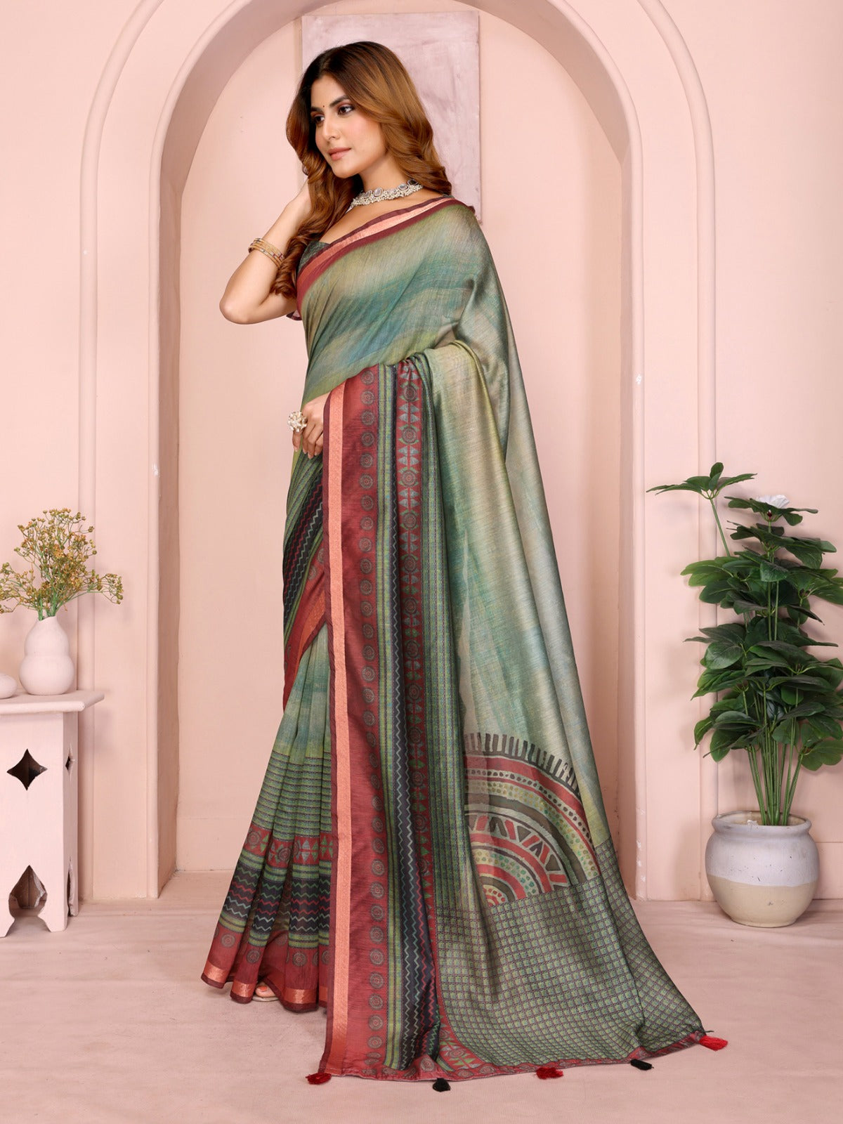 Green & Maroon Black Chanderi Saree with Tribal & Geometric Prints, Maroon Border & Designer Blouse Piece