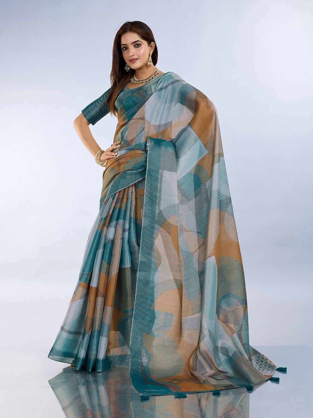 Teal Geometric Printed Erode Anmol Silk Saree with Tassel Pallu