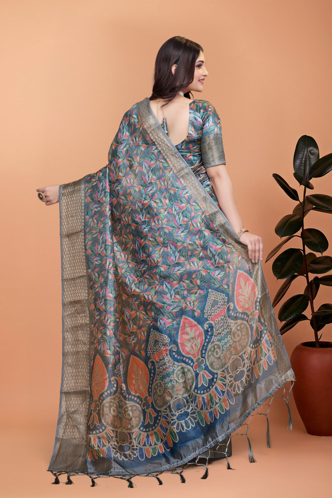 Grey & Multicolor Soft Silk Saree with Ethnic Pallu, Zari-Style Border & Designer Blouse Piece