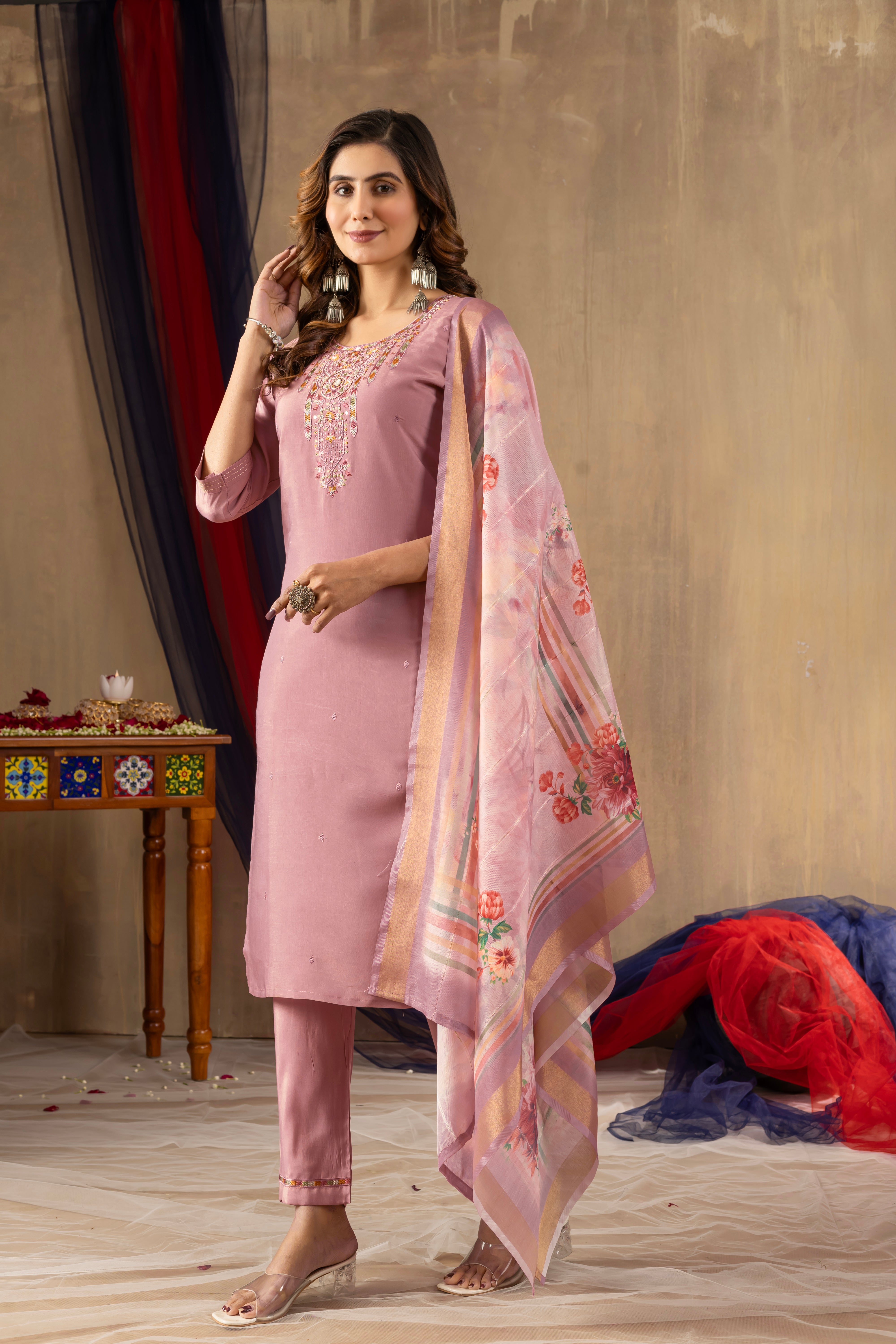 Shimmer Gold Silk Embroidered Kurti Pant Dupatta Set – 3 Piece Ethnic Suit