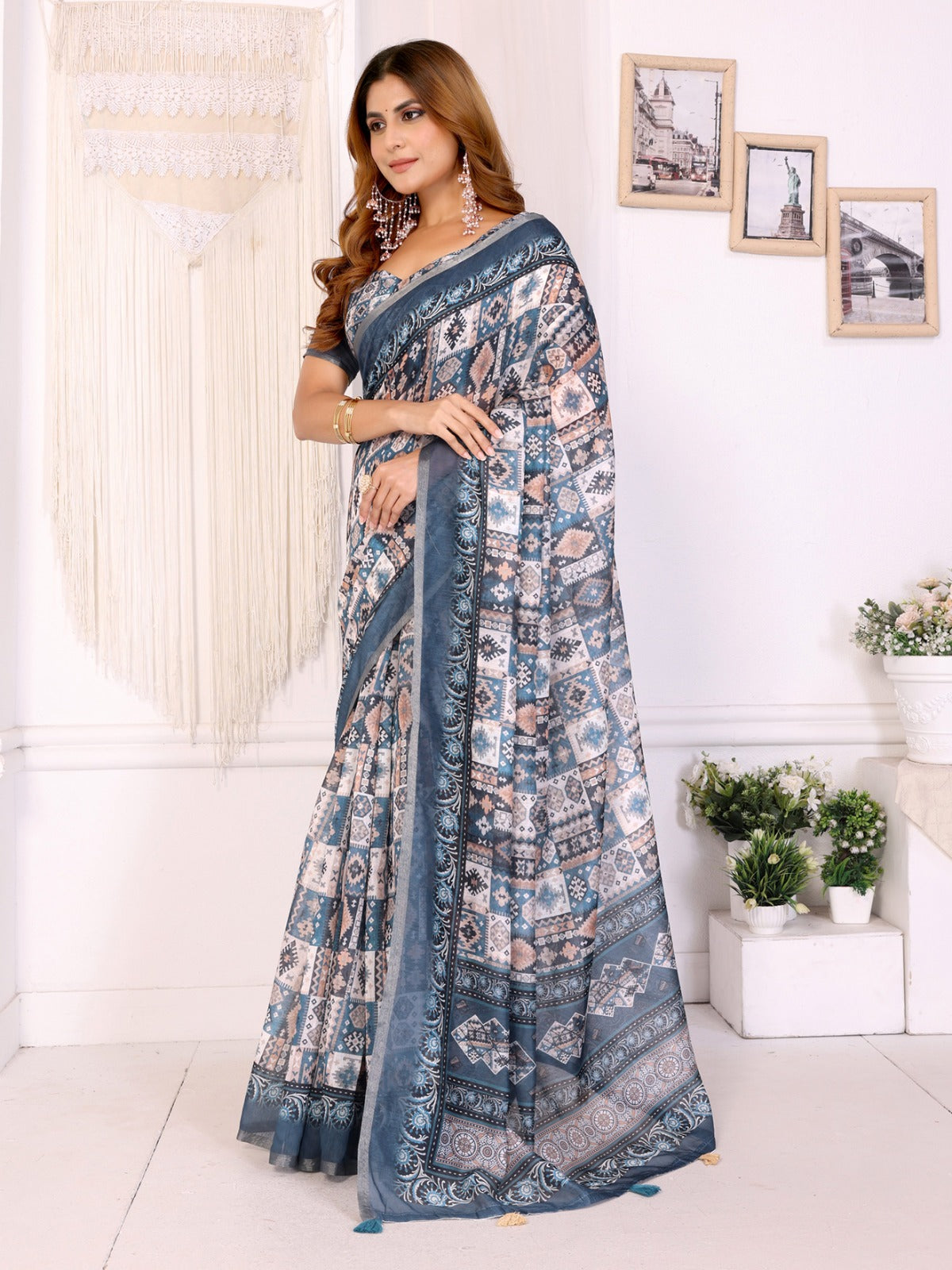 Stylish White Chanderi Saree with Digital Geometric Print and Elegant Border