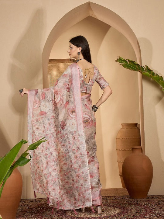 Off-White Pastel Pink & Grey Floral Digital Print Linen Cotton Saree