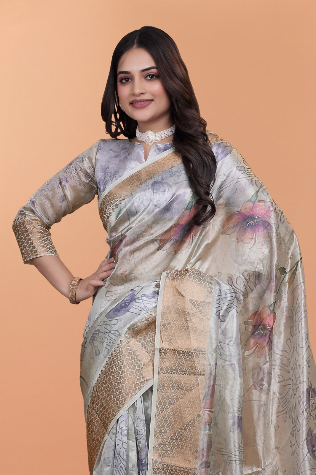 Elegant Beige Soft Silk Saree with Multicolor Floral Print & Golden Zari Border