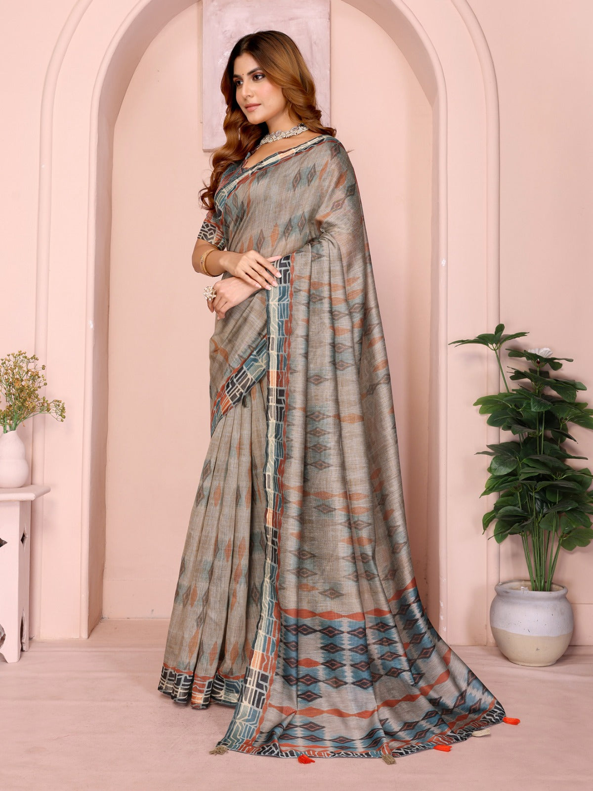 Grey & Rust Patterned Black Chanderi Saree with Geometric Pallu and Tassels