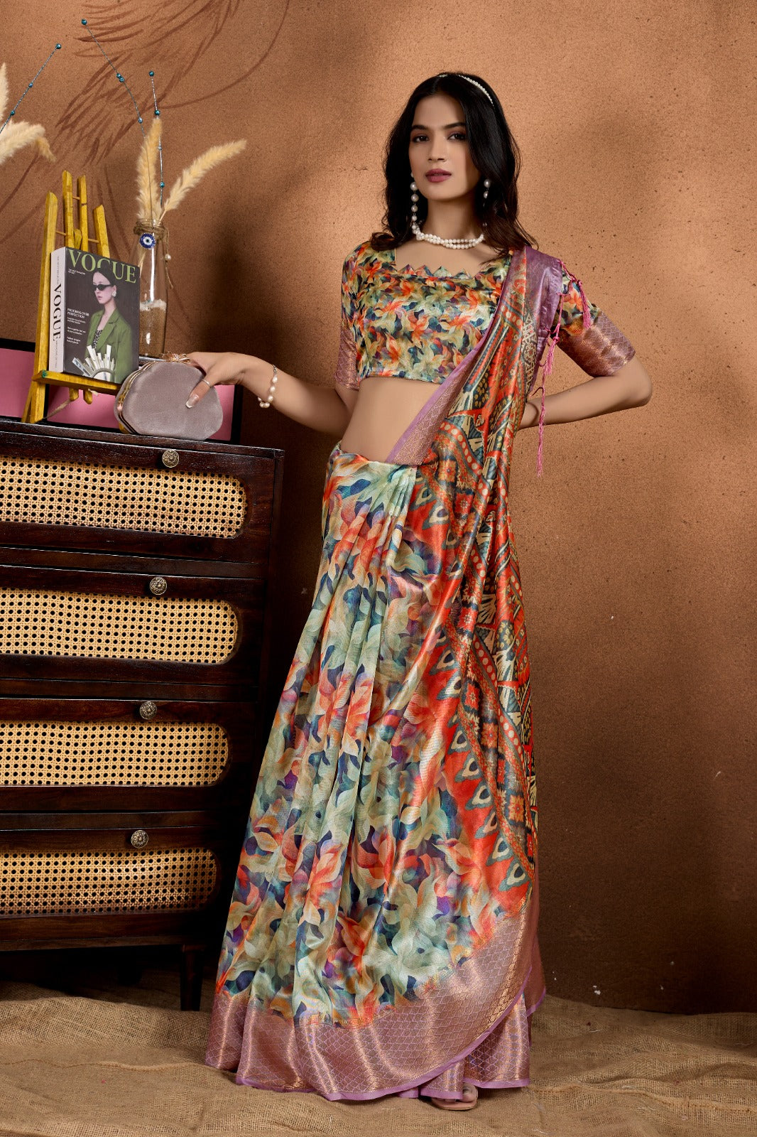 Multicolor Soft Silk Saree with Ethnic Motif Pallu and Lavender Zari Border