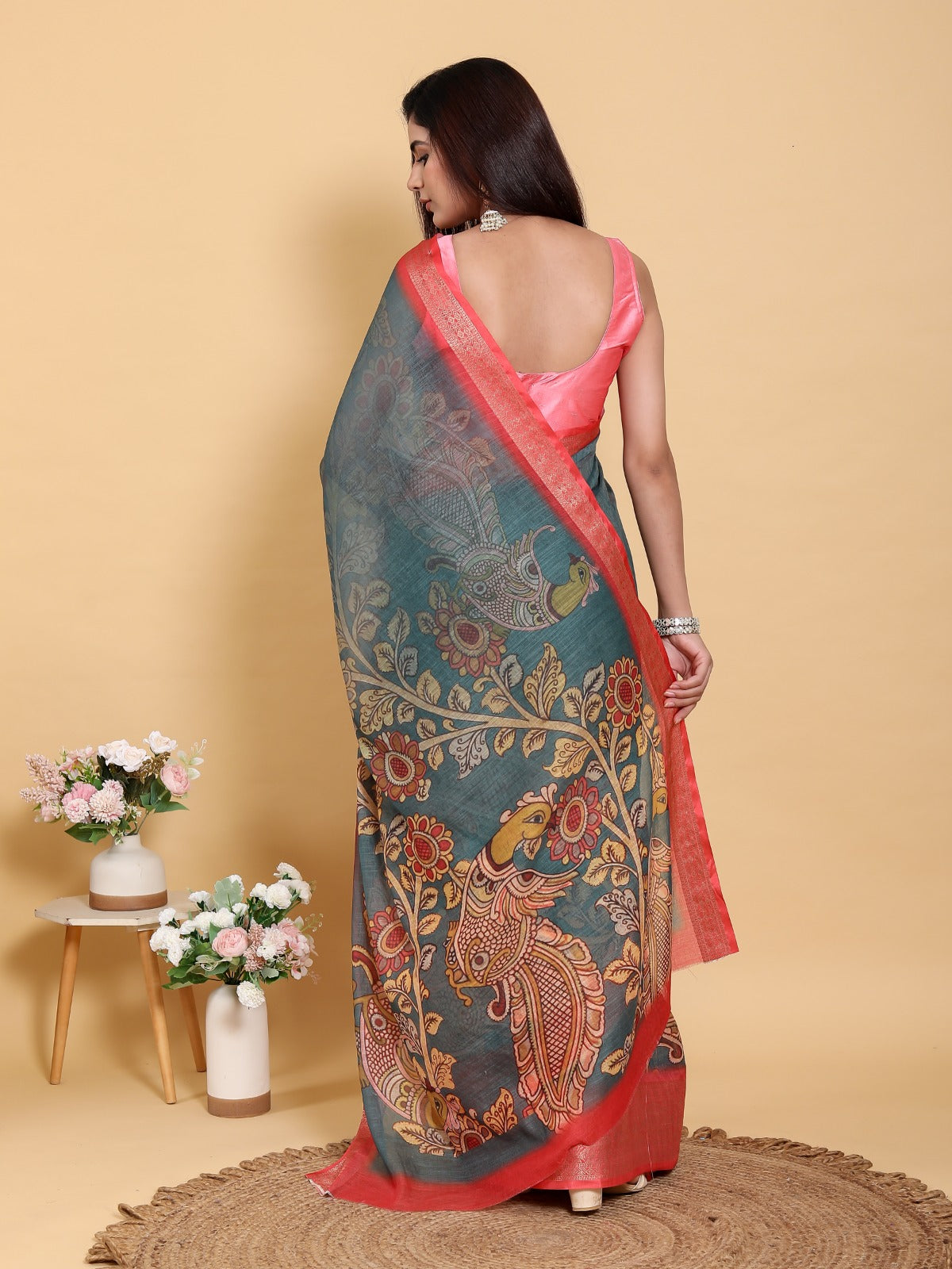 Elegant Peacock & Floral Kalamkari Design Linen Cotton Saree with Jacquard Border