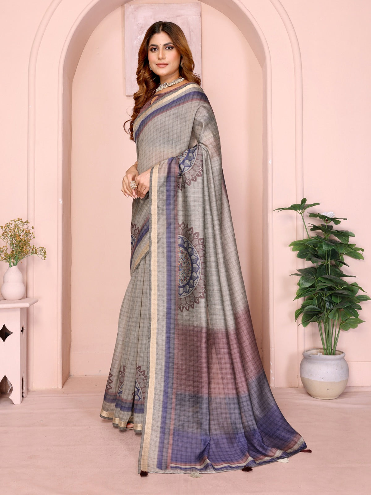 Grey Checked Black Chanderi Saree with Mandala Motifs, Golden Border & Designer Blouse Piece